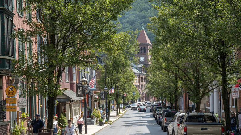 Brick buildings line a picturesque, tree-lined street set against the mountains in Jim Thorpe, Pennsylvania