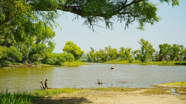 A kayaker paddles around Clinton Lake in Clinton Lake State Park, Kansas