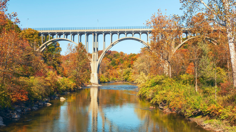 An autumn view of Brecksville-Northfield High Level Bridge in Cuyahoga Valley National Park, Ohio