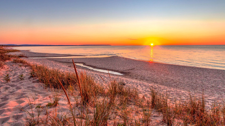 The sunset over Lake Michigan from Sleeping Bear Dunes National Lakeshore near Leland, Michigan