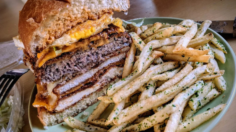 A katsu burger and fries at Katsu Burger in Seattle, Washington