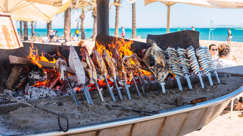Seafood on beach barbecue