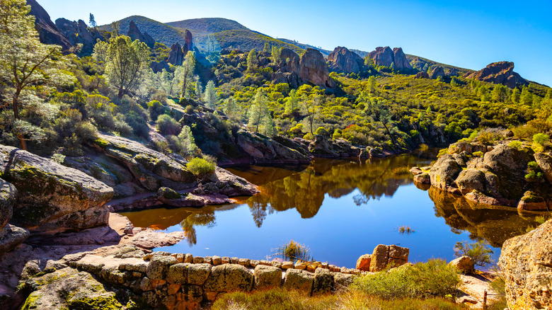 Scenic view of Bear Gulch Reservoir in Pinnacles National Park, California