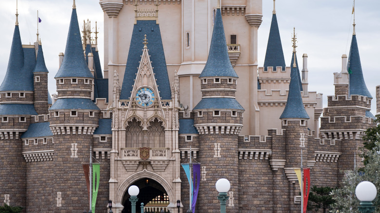 Close up photo of the front of Cinderella's castle at Tokyo Disneyland