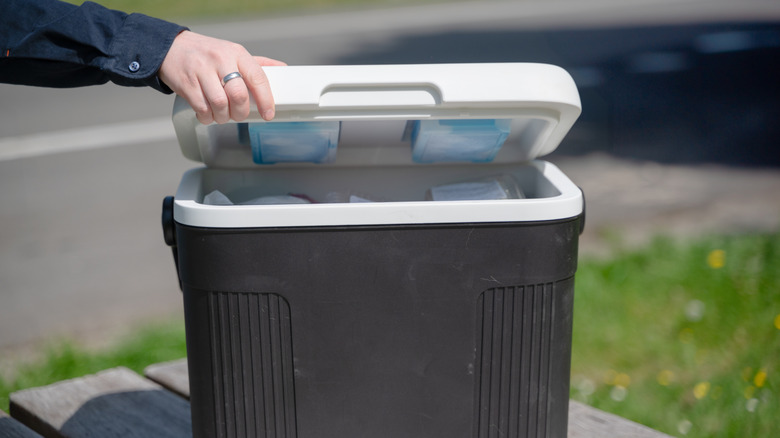 A person lifts the lid of a cooler that rests on a table,