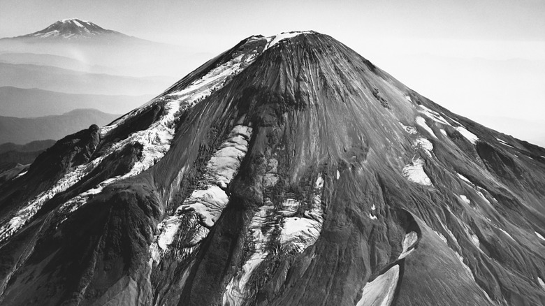 black and white photo of the peak of mount saint helens before the eruption