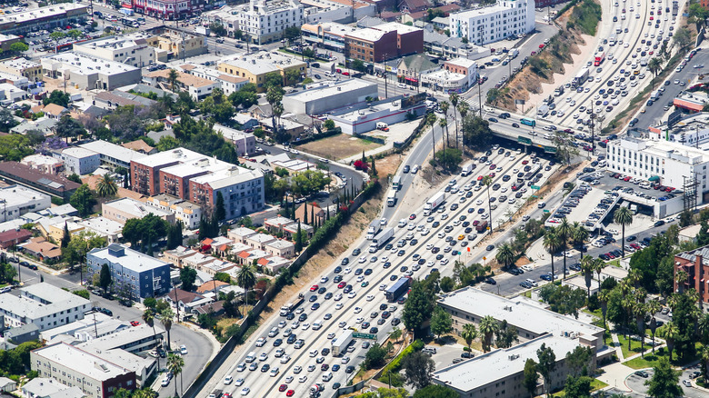 Aerial view of heavy traffic on Interstate 110