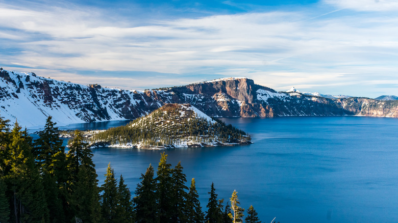 Crater Lake viewed from above in the snow.