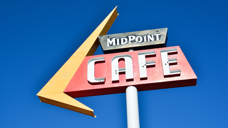 The Midpoint Cafe sign in Adrian, Texas, on Route 66