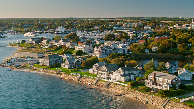 An aerial view of the Barnstable coastline in Cape Cod