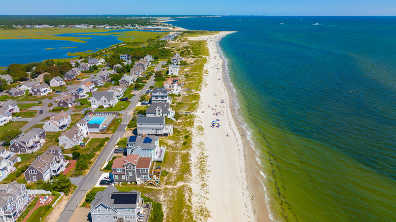 An aerial view of a sun-bleached beach in West Yarmouth, Cape Cod