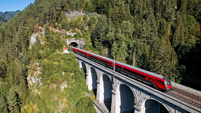 Semmering Viaduct train exiting tunnel, Austrian Alps