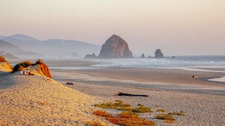 Views of Haystack Rock and Cannon Beach on a foggy day.