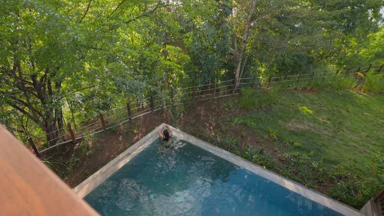View from balcony of woman in private pool at Secret Bay, Dominica