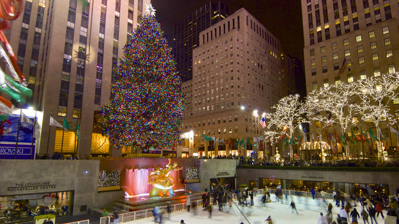 Rockefeller Center tree and Christmas lights and decorations in New York City