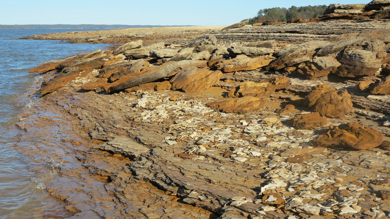 Rocky shore of Grenada Lake in Grenada, Mississippi