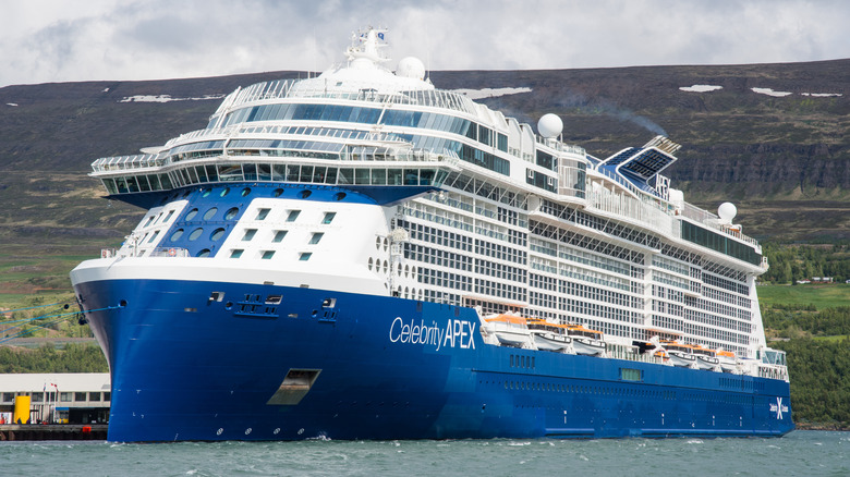 Celebrity Apex cruise ship in port in Akureyri on an overcast day