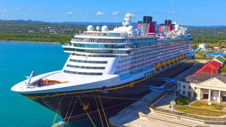 View of the Disney Fantasy docked in Falmouth, Jamaica on a sunny day