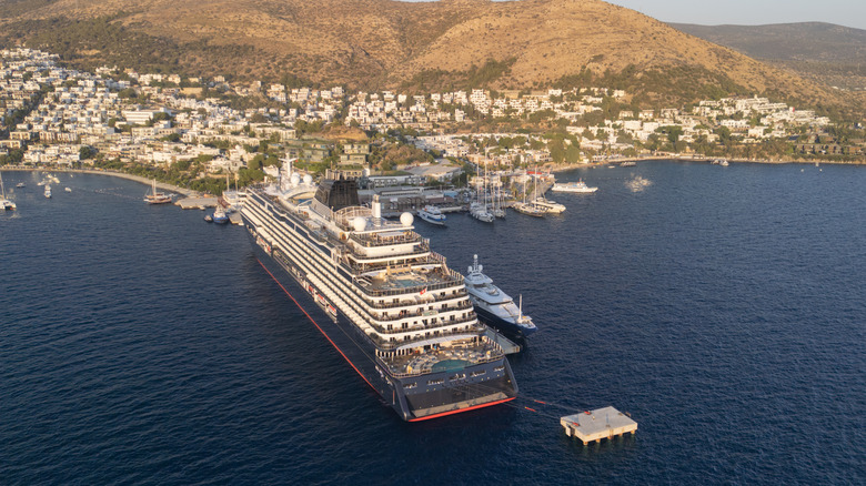 Aerial view of the Explora I cruise ship in port in Bodrum, Turkey