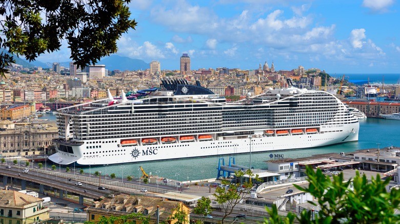 View of the MSC World Europa in port in Genoa, Italy on a sunny day