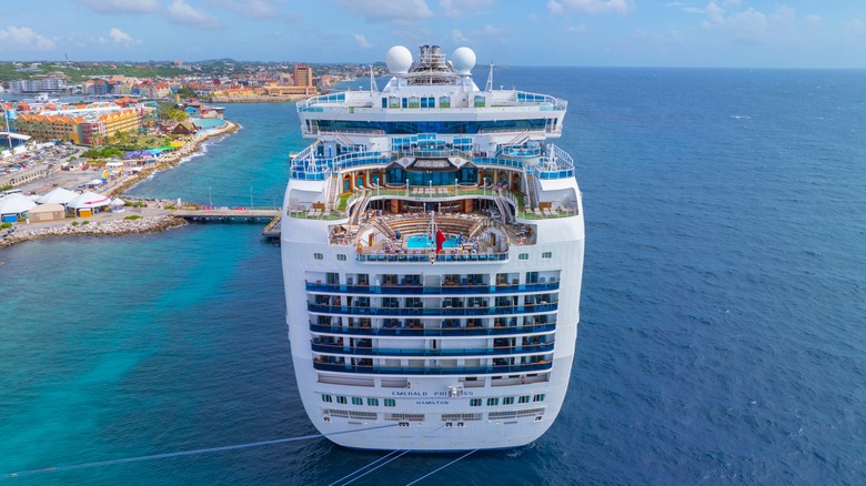 View of the Emerald Princess cruise ship docked at the main port in Curacao