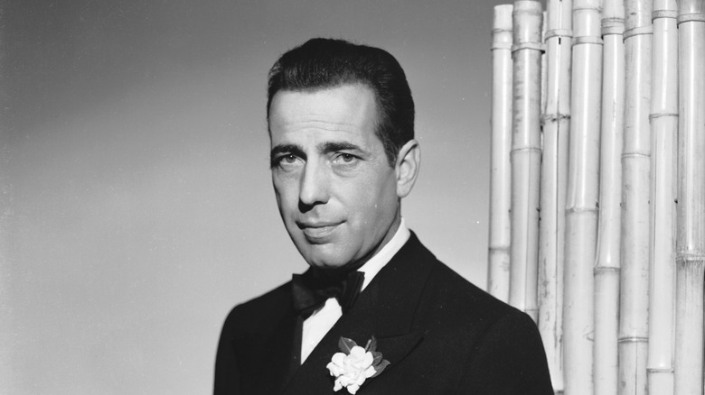 Mid-20th-century film icon Humphrey Bogart dressed in a tuxedo