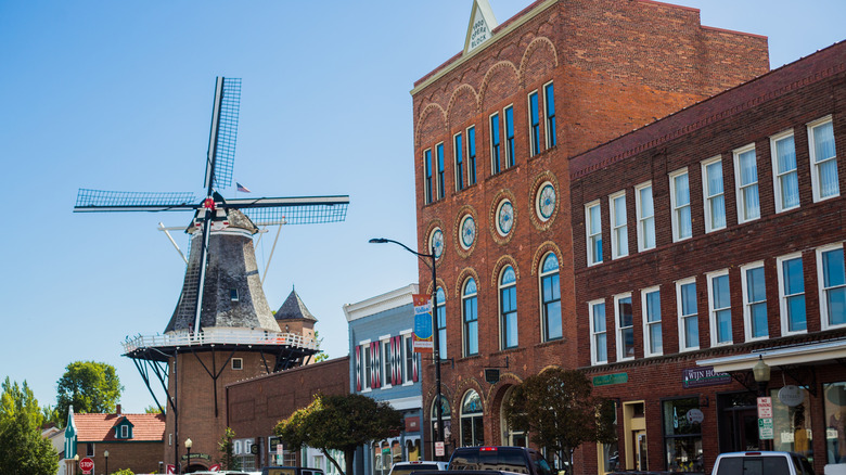 Historic downtown district in Pella, Iowa, with the still-functioning landmark windmill.