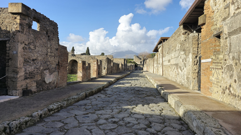 Streets of the Pompeii with Mount Vesuvius in the background