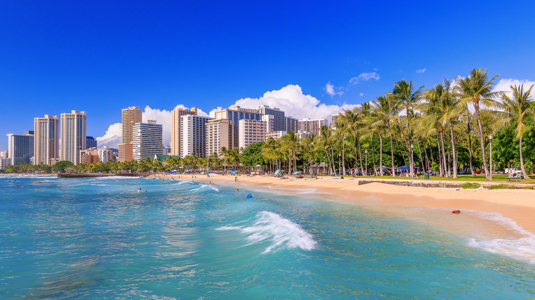 Honolulu's skyline, with hotels and buildings on Waikiki Beach