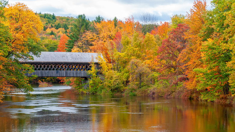 Peak fall foliage in New England with a view of a river and a covered bridge