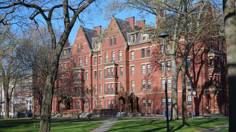Red-bricked building and elm trees in Harvard Yard at Harvard University, Massachusetts