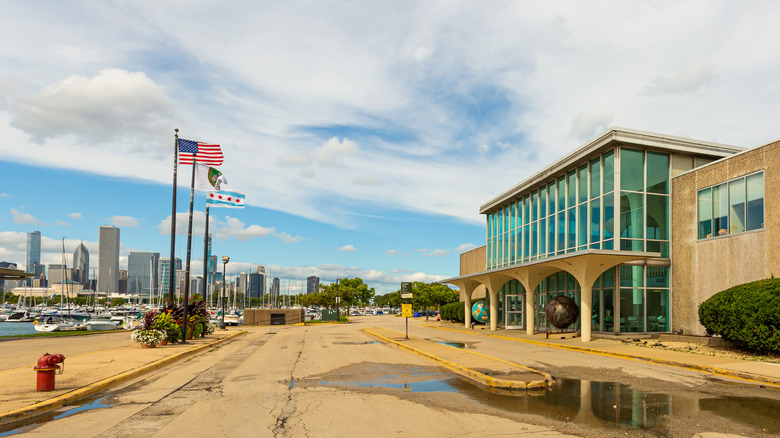 Meigs Filed empty terminal with blue sky and downtown skyline
