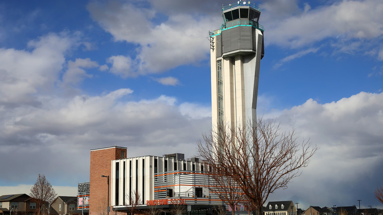 Stapleton air traffic control tower against blue sky