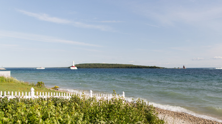 Boats and buoys on the water near Macinac Island in Michigan