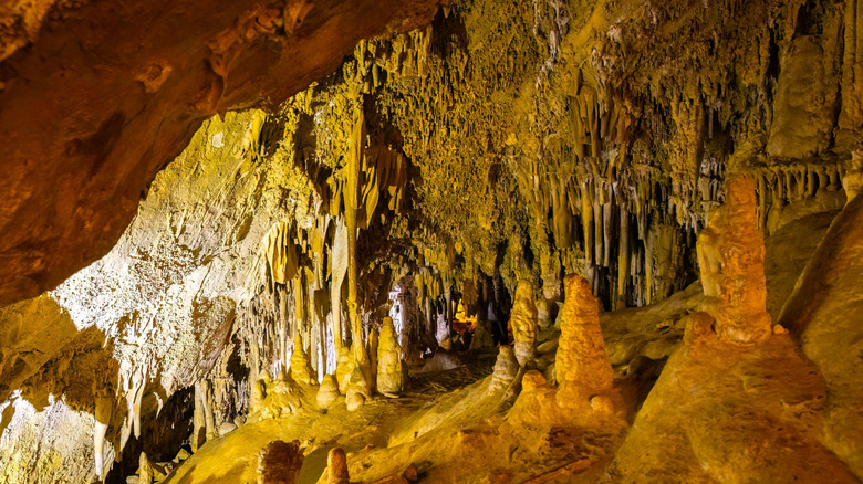 A scenic and illuminated view of the caverns inside Lewis and Clark Caverns State Park, Montana