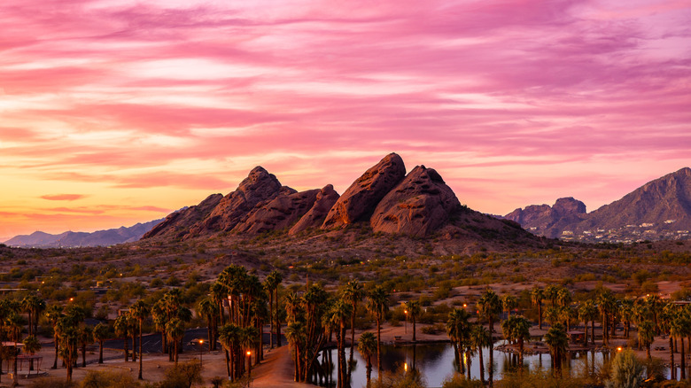 The towering rock formations bask in the glow of sunset at Papago Park in Phoenix, Arizona