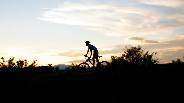 A silhouetted cyclist passes a sunset near Pikes Peak, Colorado