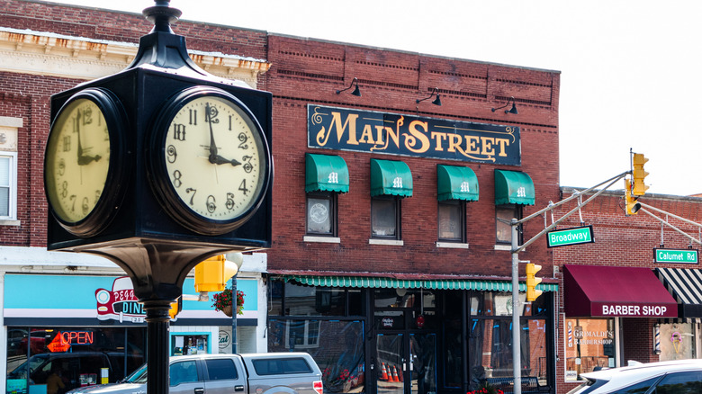 Chesterton's Main Street, featuring historic brick buildings