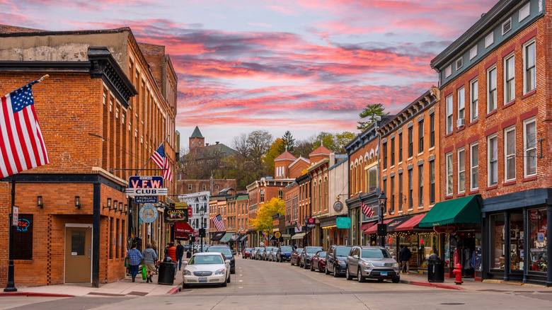 Downtown Galena at sunset, featuring a row of historic buildings