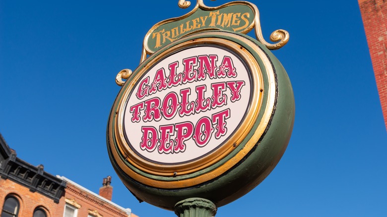 A historic Galena Trolley Depot sign in its historic downtown