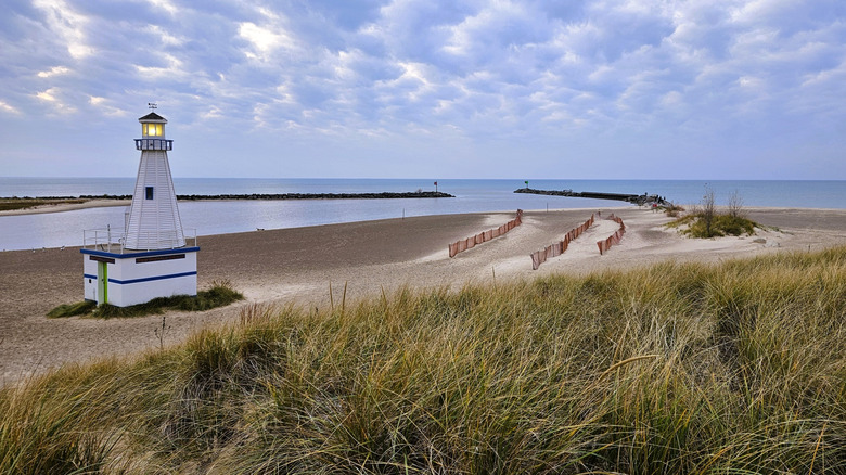 The coastal line of New Buffalo with prairie grasses and a white lighthouse