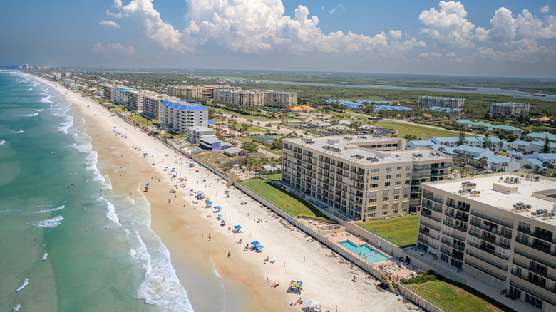 Aerial view of the shoreline and hotel buildings at Daytona Beach
