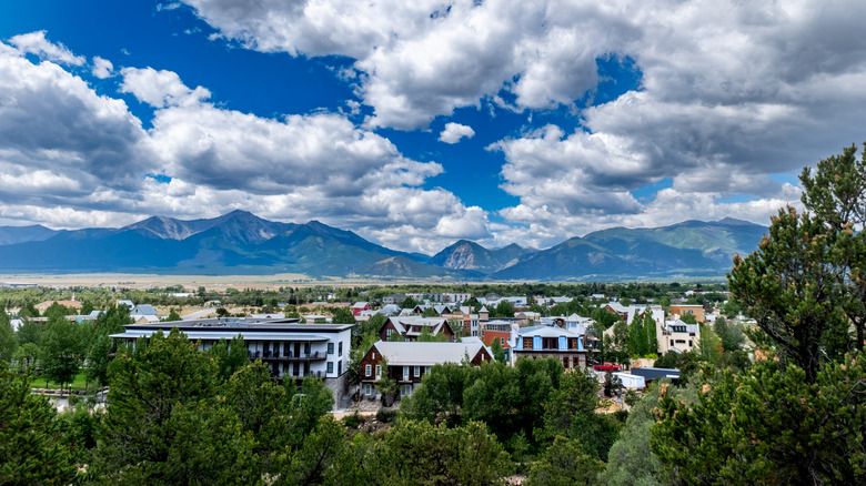 Buildings in Buena Vista behind trees with mountains in the background