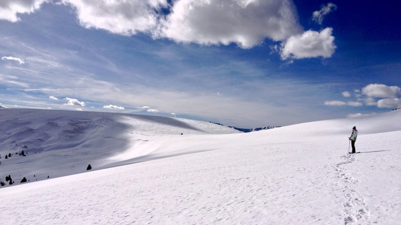 Footprints in the snow leading to a person looking out over the Colorado Mountains