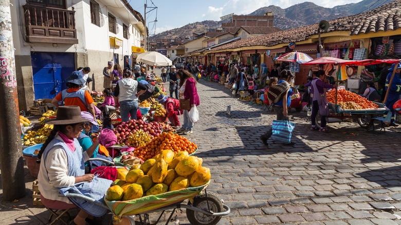 A colorful street market in Cusco, Peru.