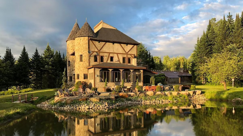 Castle with turrets against pine trees and cloudy skies, reflecting on the river in the foreground