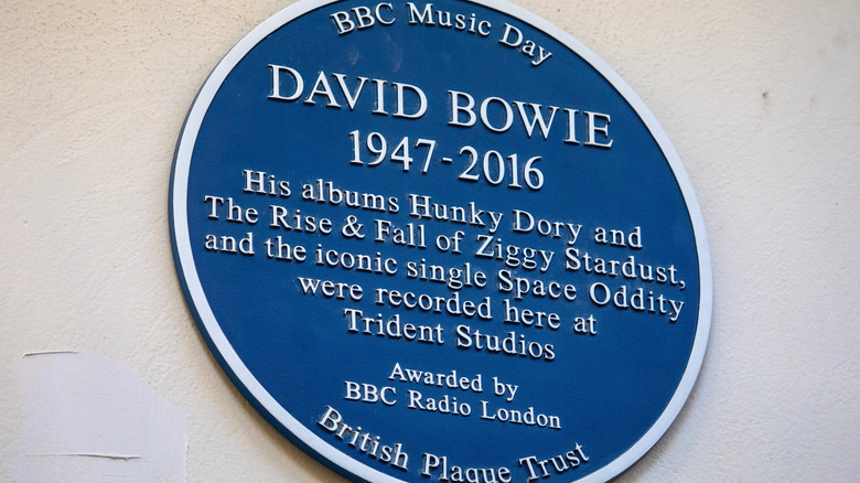 Blue plaque outside Trident Studios commemorating David Bowie and his recorded albums and songs