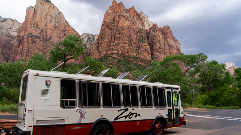 A Zion free shuttle bus in Zion National Park in Utah