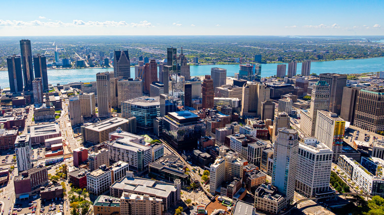 Detroit downtown skyline on a sunny day.