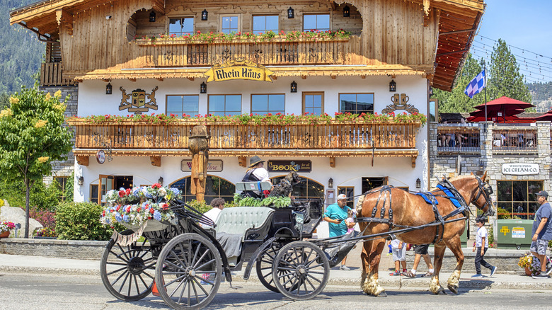 A horse and cart in a German town in Washington